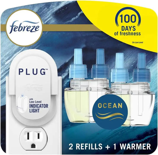 Febreze Plug in Air Freshener, Odor-Fighting Scented Oil Starter Kit, Air Fresheners for Home and Bathroom and Kitchen, Long Lasting for Strong Odors, Ocean Scent, Warmer + 2 Refill