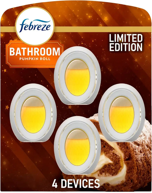 Febreze Odor-Fighting Bathroom Air Freshener for Small Spaces, Pumpkin Roll Scent, 4 Count