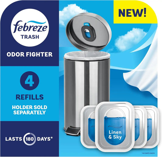 Febreze Trash Odor Fighter, Trash Can Air Freshener, Stick-On Deodorizer for Garbage Cans, Diaper Pails, Works with Scented Trash Bags, Linen & Sky Scent, 4 Refills (Holder Sold Separately)