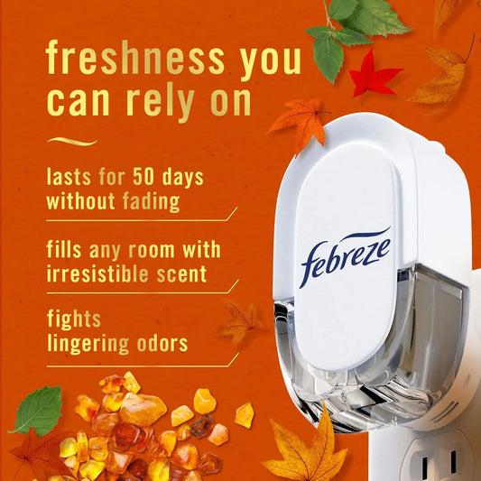 Febreze Odor-Fighting Plug in Air Freshener, Scented Oil Refill, Crisp Fall Breeze Scent, 4 Refills