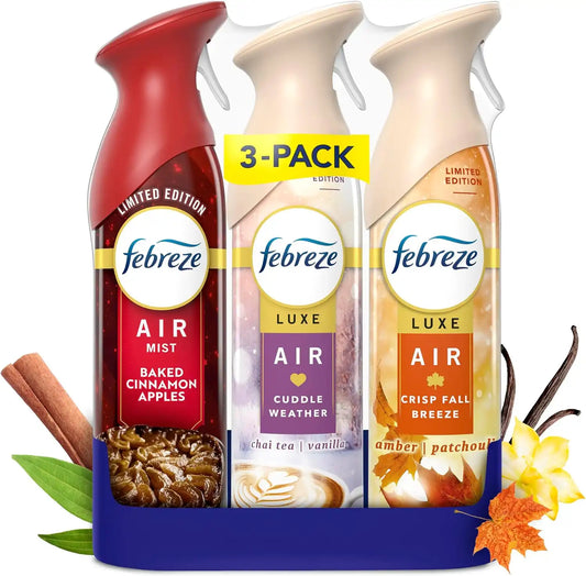 Febreze Odor-Fighting Air Freshener Spray, Room Spray, Crisp Fall Breeze, Cuddle Weather & Baked Cinnamon Apple Air Mist, 8.1 oz, 3ct