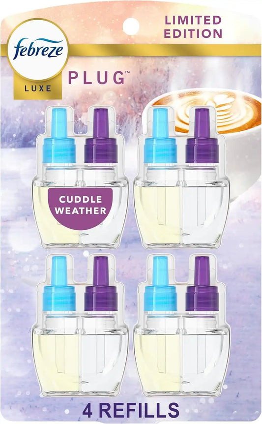Febreze Odor-Fighting Plug in Air Freshener, Scented Oil Refill, Cuddle Weather Scent, 4 Refills