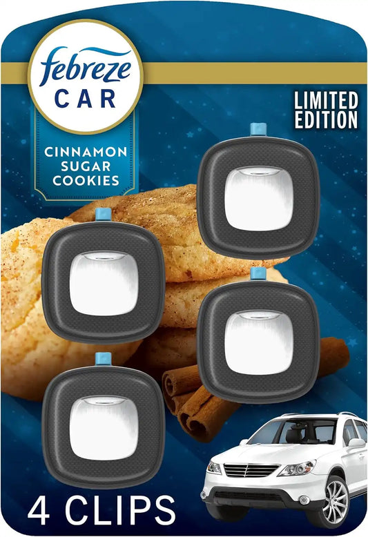Febreze Car Air Freshener, Odor-Fighting Automotive Vent Clip, Scented Car Accessories, Long Lasting for Strong Odors, Cinnamon Sugar Cookie Scent, 4 Count