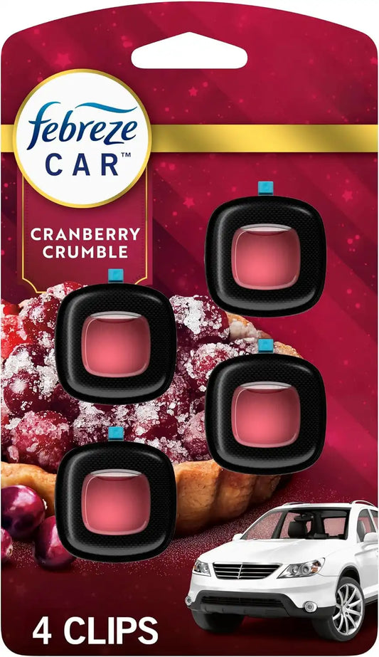 Febreze Car Air Freshener, Odor-Fighting Automotive Vent Clip, Scented Car Accessories, Long Lasting for Strong Odors, Cranberry Crumble Scent, 4 Count