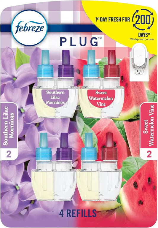 Febreze Odor-Fighting Fade Defy PLUG Air Freshener, Southern Lilac Mornings, Sweet Watermelon Vine, Pack of 4 (2 of Each), .79 fl. oz. Oil Refill