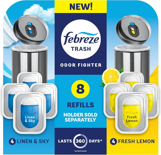 Febreze Trash Odor Fighter, Trash Can Air Freshener, Stick-On Deodorizer for Garbage Cans, Diaper Pails, Works with Scented Trash Bags, Fresh Lemon and Linen & Sky Scents, 8 Refills