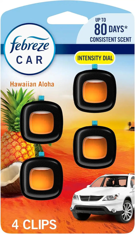 Febreze Car Air Freshener, Odor-Fighting Automotive Vent Clip, Scented Car Accessories, Long Lasting for Strong Odors, Hawaiian Aloha Scent, 4 Count