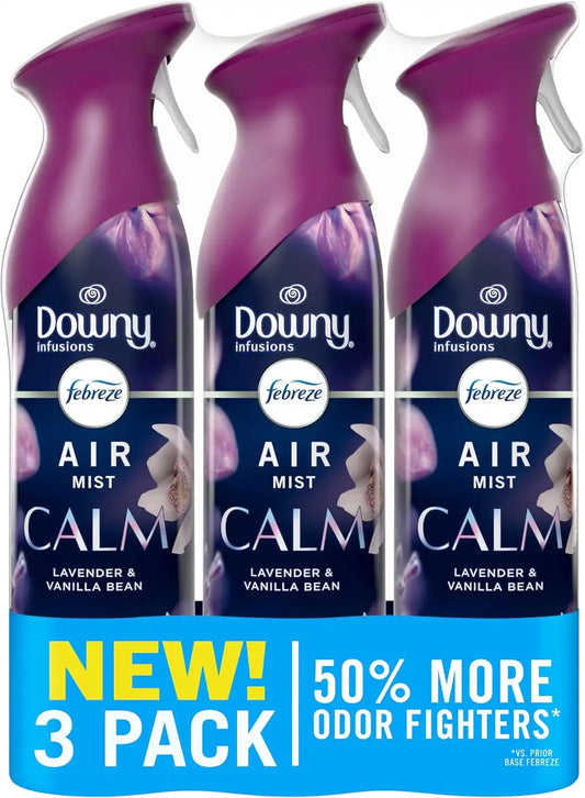 Febreze Air Mist, Air Freshener Spray, Odor Fighting Room Spray, Deodorizer for Home Bathroom Kitchen Office Apartment Dorm Room Classroom, Downy Calm Lavender & Vanilla Bean Scent, 8.1oz (Pack of 3)