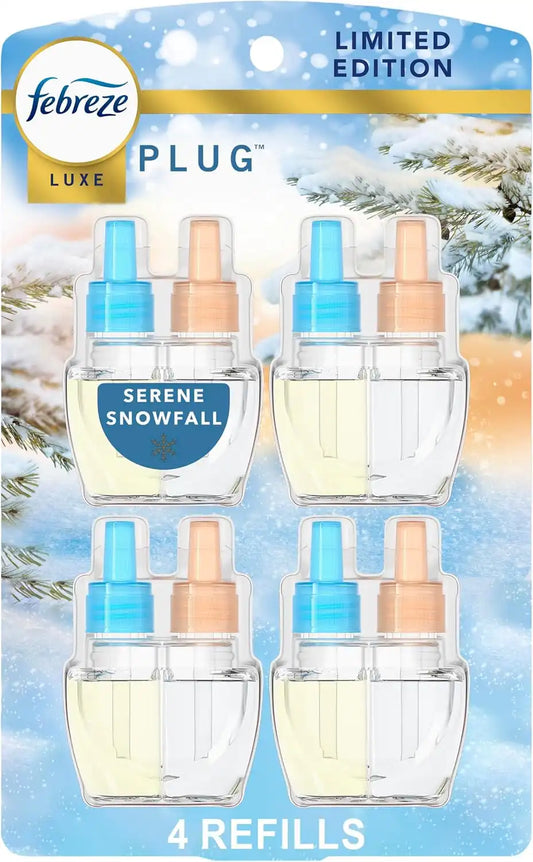 Febreze Odor-Fighting Plug in Air Freshener, Scented Oil Refill, Serene Snowfall Scent, 4 Refills