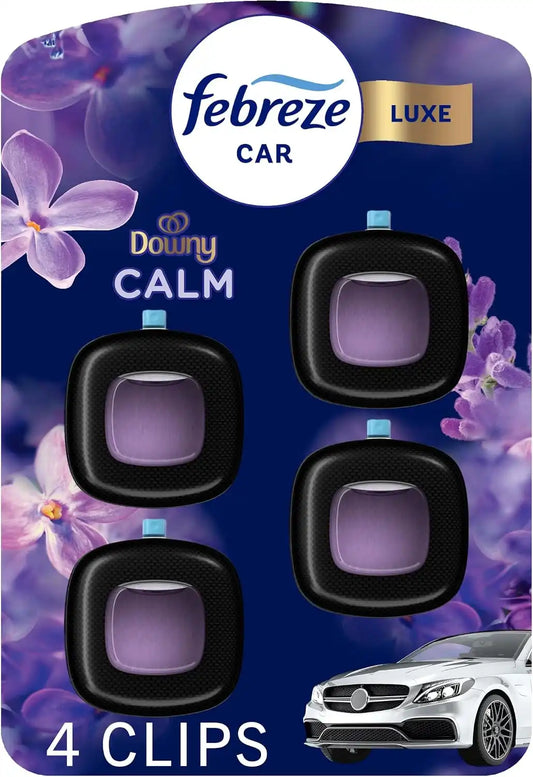 Febreze Car Air Freshener, Odor-Fighting Automotive Vent Clip, Scented Car Accessories, Long Lasting for Strong Odors, Downy Calm Scent, 4 Count