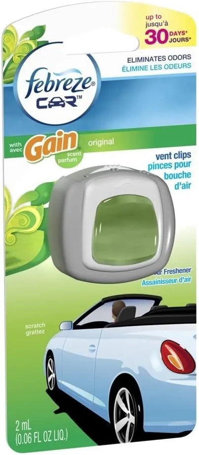 Febreze Car Vent Clip Auto, Home Office AC Air Freshener & Odor Eliminator, With Gain Original - 2 Pieces