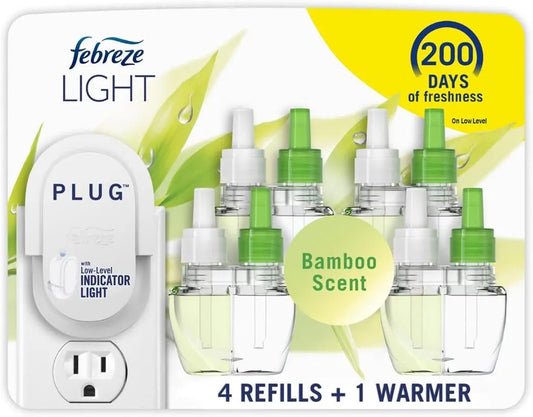 Febreze Plug-In Air Freshener, Odor-Fighting Scented Oil Starter Kit, Air Fresheners for Home and Bathroom and Kitchen, Long Lasting for Strong Odors, Bamboo Scent, Warmer + 4 Refill