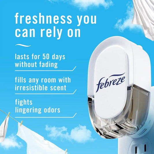 Febreze Plug In Air Freshener, Odor-Fighting Scented Oil Starter Kit, Air Fresheners for Home and Bathroom and Kitchen, Long Lasting for Strong Odors, Linen & Sky Scent, Warmer + 2 Refill