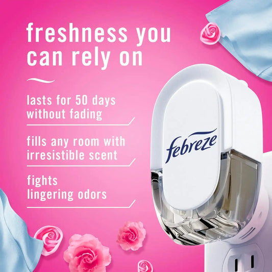 Febreze Plug-In Air Freshener, Odor-Fighting Scented Oil Starter Kit, Air Fresheners for Home and Bathroom and Kitchen, Long Lasting for Strong Odors, Downy April Fresh Scent, Warmer + 2 Refill