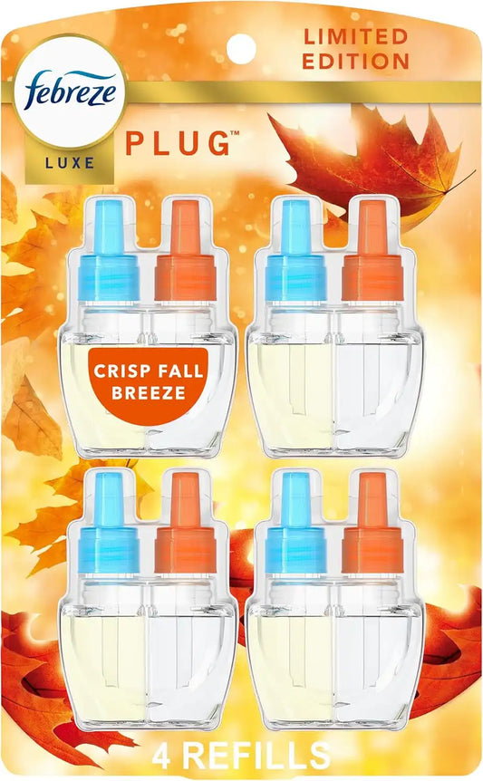 Febreze Odor-Fighting Plug in Air Freshener, Scented Oil Refill, Crisp Fall Breeze Scent, 4 Refills