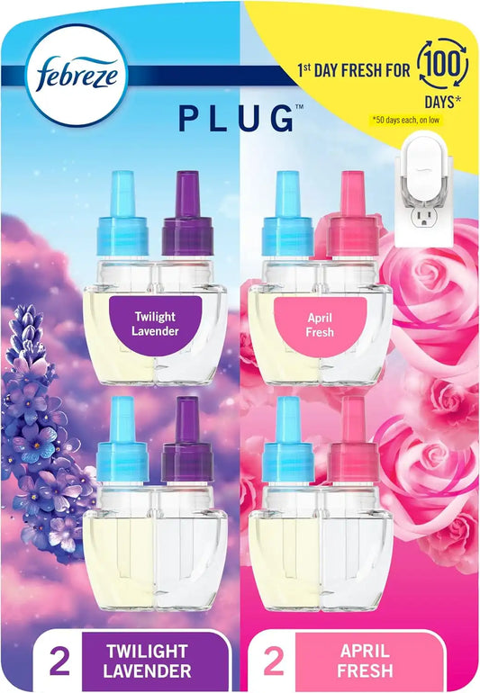 Febreze Plug in Air Freshener, Odor-Fighting Scented Oil Refill, Twilight Lavender and Downy April Fresh Scents, 4 Refills