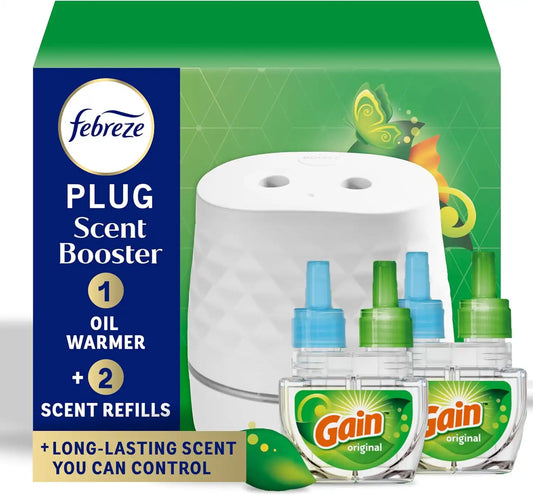 Febreze Plug Scent Booster Starter Kit – Air Freshener, Oil Diffuser, Continuous Scent Device, Includes 2 Gain Refills
