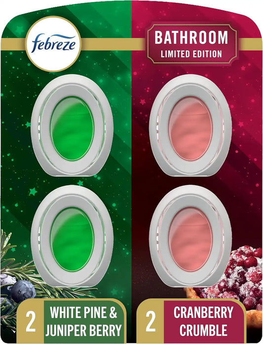 Febreze Odor-Fighting Bathroom Air Freshener for Small Spaces, Cranberry Crumble and White Pine & Juniper Berry Scent, 4 Count
