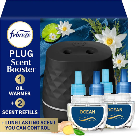 Febreze Plug Scent Booster Starter Kit, Black, Oil Diffuser, Air Freshener, Continuous Scent Device + 2 Ocean Refills
