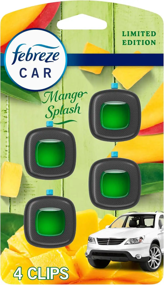 Febreze Car Air Freshener Vent Clip Multipack Mango Splash Scent, Long Lasting Smell Fighter for Strong Odors Car Febreze Clip Automotive Vent Air Freshener 4 Count