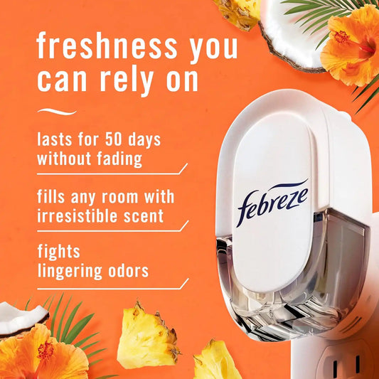 Febreze Plug in Air Freshener, Odor-Fighting Scented Oil Refill, Air Fresheners for Home and Bathroom and Kitchen, Long Lasting for Strong Odors, Hawaiian Aloha Scent, 0.87oz Refills, 4 Count
