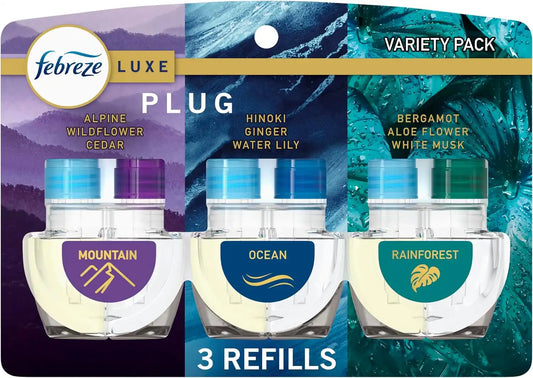 Febreze Plug In Air Freshener, Odor-Fighting Scented Oil Refill, Air Fresheners for Home and Bathroom and Kitchen, Long Lasting for Strong Odors, Mountain/Ocean/Rainforest Mix, 0.87oz Refills, 3 Count