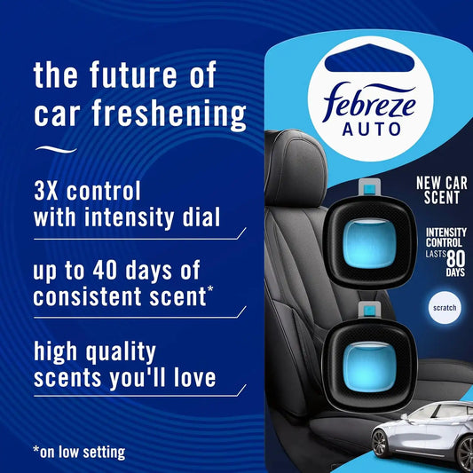 Febreze AUTO Air Freshener, Odor-Fighting Automotive Vent Clip, Scented Car Accessories, Long Lasting for Strong Odors, New Car Scent, 4 Count