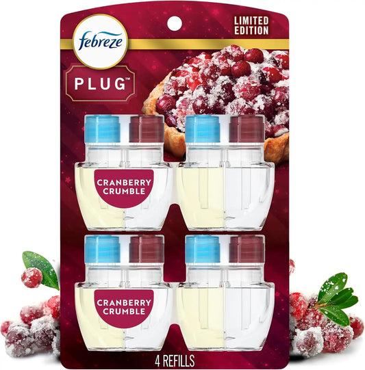 Febreze Plug-In Air Freshener, Odor-Fighting Scented Oil Refill for Home, Bathroom & Kitchen, Holiday Cranberry Crumble Scent, 0.87 oz Refills, 4 Count