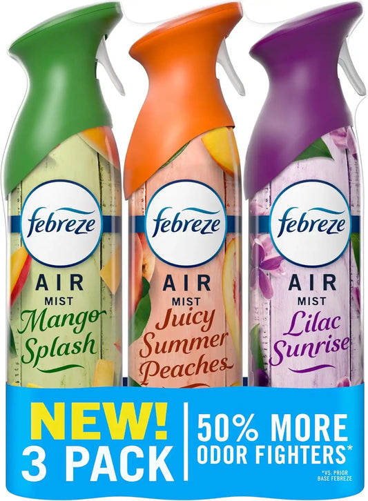 Febreze Air Mist, Air Freshener, Odor Fighting Room Spray, Deodorizer for Home Bathroom Kitchen Office Apartment Classroom, Lilac Sunrise, Summer Peaches, Mango Splash Variety Pack, 8.1oz (Pack of 3)