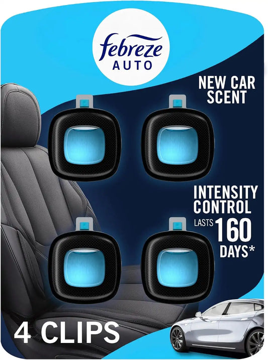 Febreze AUTO Air Freshener, Odor-Fighting Automotive Vent Clip, Scented Car Accessories, Long Lasting for Strong Odors, New Car Scent, 4 Count
