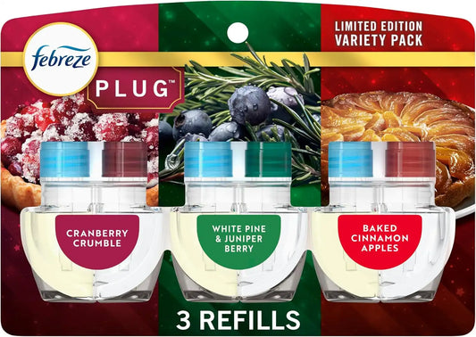 Febreze Plug In Air Freshener, Odor-Fighting Scented Oil Refill, Holiday Mix, 3 Refills, Clear
