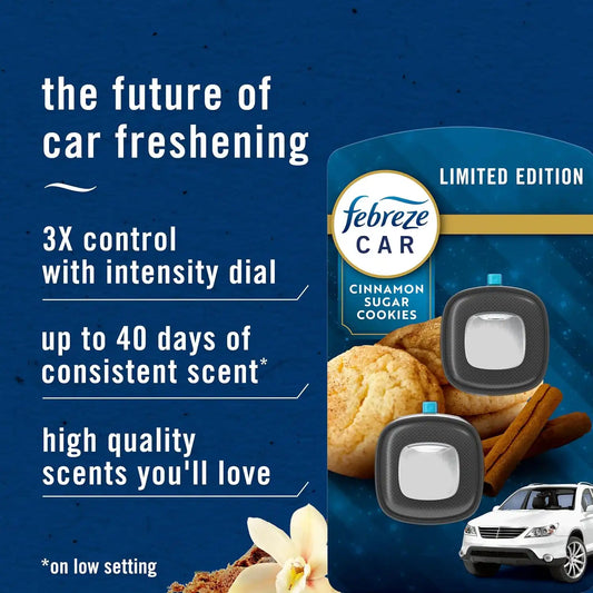 Febreze Car Air Freshener, Odor-Fighting Automotive Vent Clip, Scented Car Accessories, Long Lasting for Strong Odors, Cinnamon Sugar Cookie Scent, 4 Count