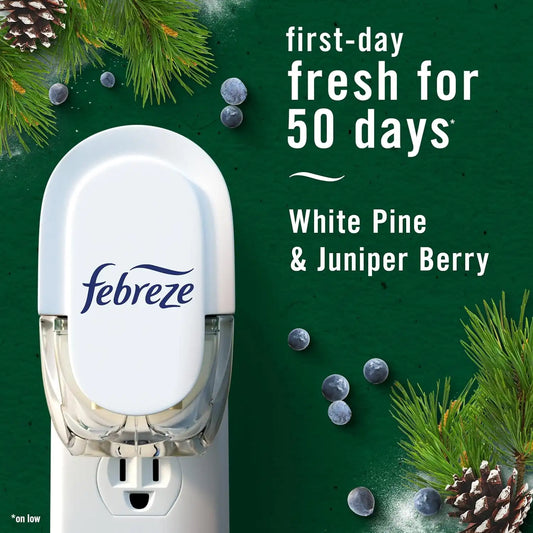 Febreze Plug in Air Freshener, Odor-Fighting Scented Oil Refill, for Home, Bathroom, & Kitchen, Long Lasting, Limited Edition Holiday Winter Pine and Juniper Berry Scent, 0.87oz Refills, 4 Count